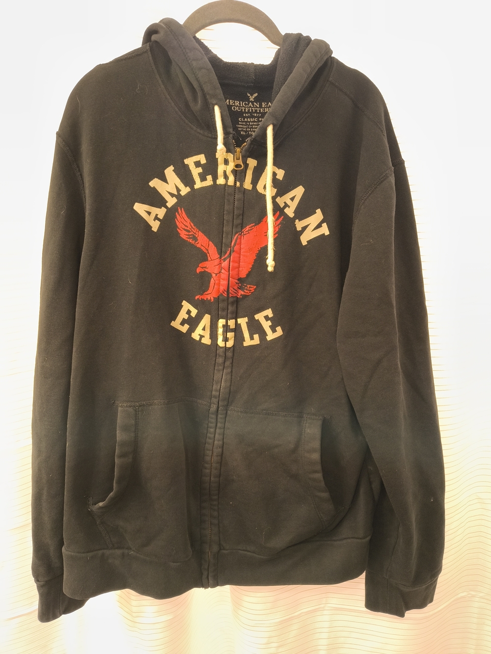 American Eagle Outfitters Men’s Black Zip-Up Hoodie with Red Eagle Graphic